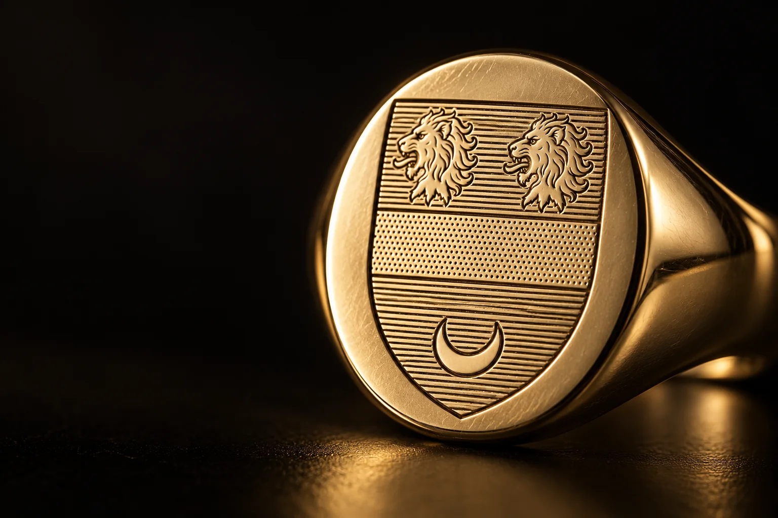 Macro photograph of a yellow gold oval signet ring, the Hartnett arms engraved on its face, lit from the side against black