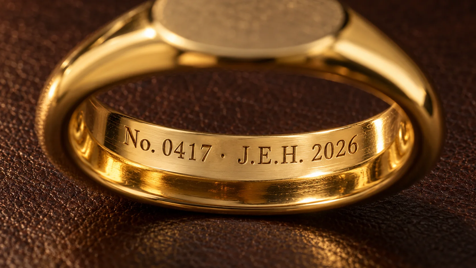 The inside of a gold signet band, laser-engraved No. 0417 and J.E.H. 2026